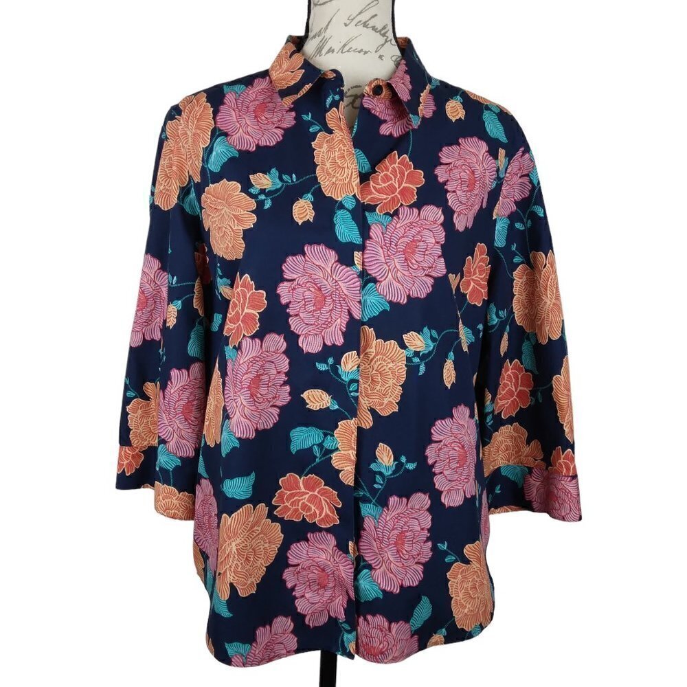 Chico's | Navy Floral Stain Shield No Iron Shirt | Size XL